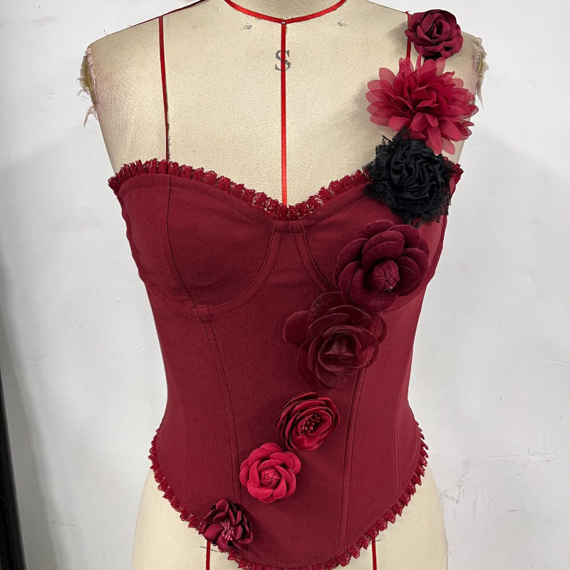 One shoulder flower applique lace up top  | Festival Outfits Women