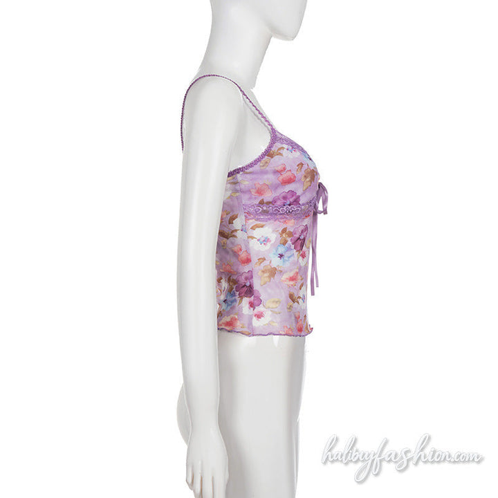Lace hem v neck flower print mesh cami top