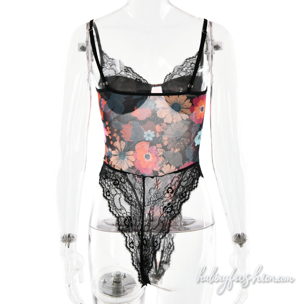 Lace hem v neck flower print mesh cami bodysuit