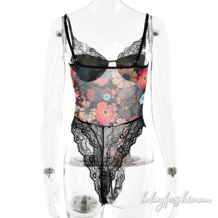 Lace hem v neck flower print mesh cami bodysuit