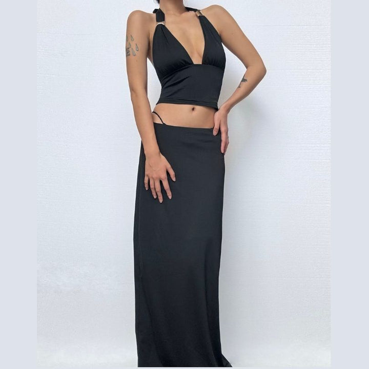 Ruched halter self tie v neck maxi skirt set  | Festival Outfits Women