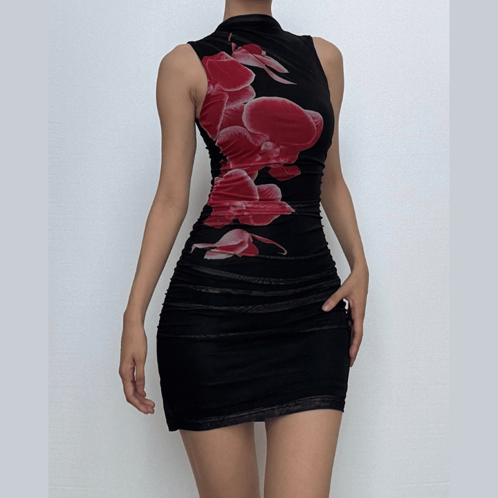 Sleeveless ruched mesh print mini dress  | Festival Outfits Women