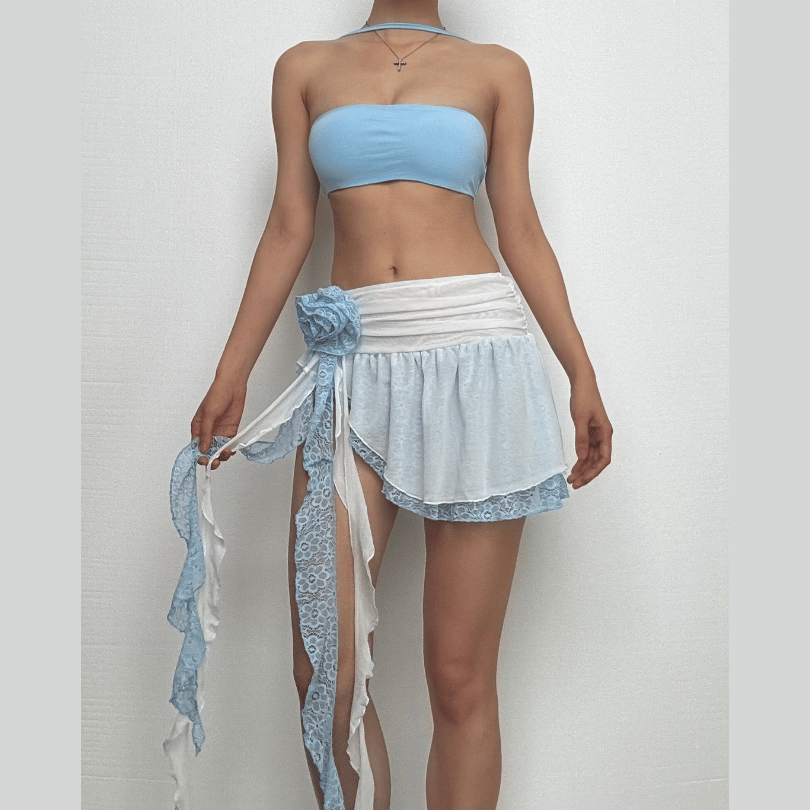 Irregular ruffle rose applique lace A line mini skirt  | Festival Outfits Women