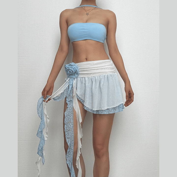 Irregular ruffle rose applique lace A line mini skirt  | Festival Outfits Women