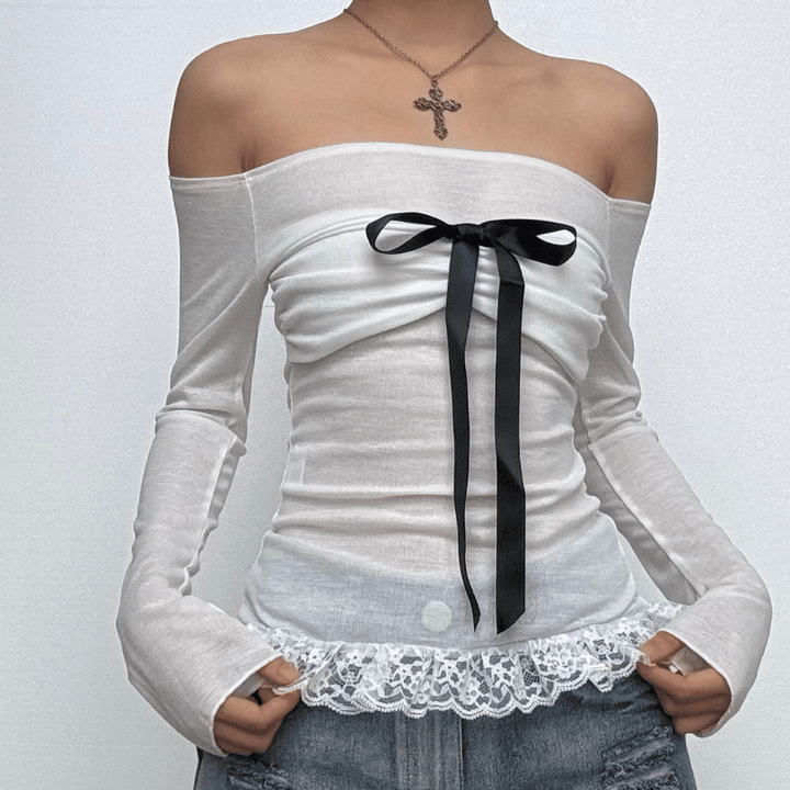 Off shoulder bowknot lace hem mesh long sleeve top-final-sale