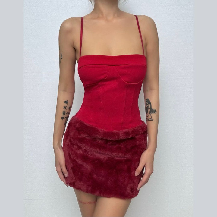 Square neck fluffy patchwork cami mini dress  | Festival Outfits Women