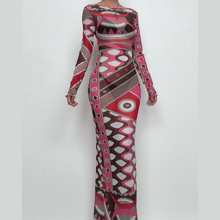 Long sleeve ruffle abstract mesh maxi dress-final-sale  | Festival Outfits Women