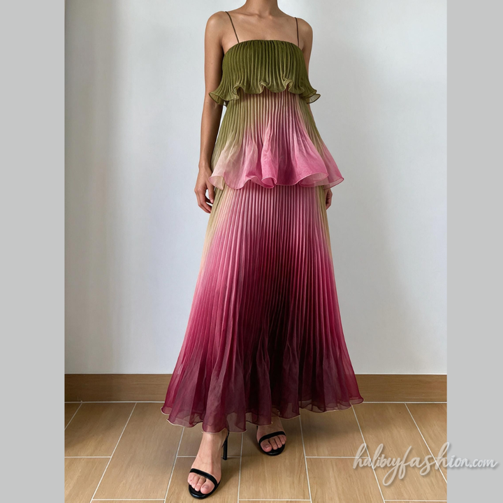 Gradient ruched square neck ruffle cami maxi dress
