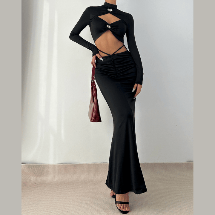 Long sleeve high neck hollow out cut out maxi dress  | Festival Outfits Women-final-sale