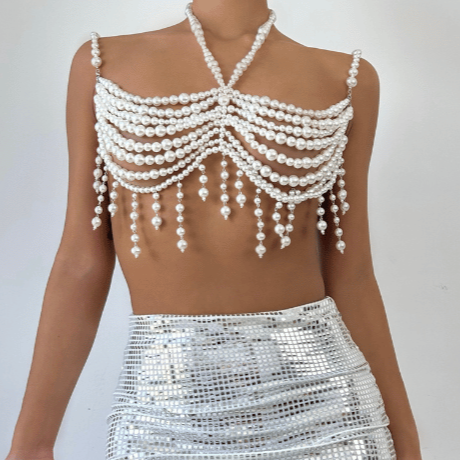Halter pearls hollow out backless tassels cut out top  | Festival Outfits Women