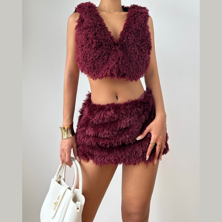 Hoodie backless self tie fluffy mini skirt set  | Festival Outfits Women