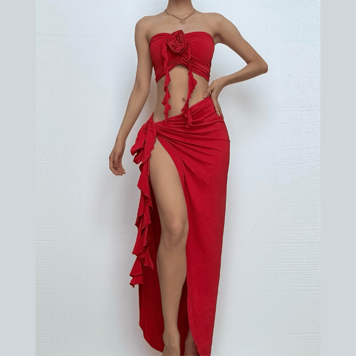 Flower applique ruffle high slit ruched tube skirt set  | Festival Outfits Women