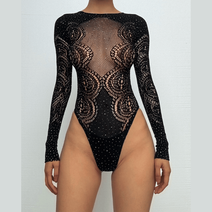 Long sleeve net rhinestone backless bodysuit  | Festival Outfits Women