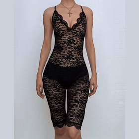 Lace v neck see through cross back solid romper  | Festival Outfits Women-final-sale