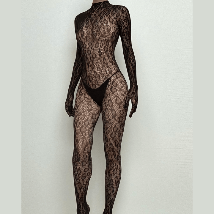 Long sleeve leopard high neck backless bodystocking  | Festival Outfits Women