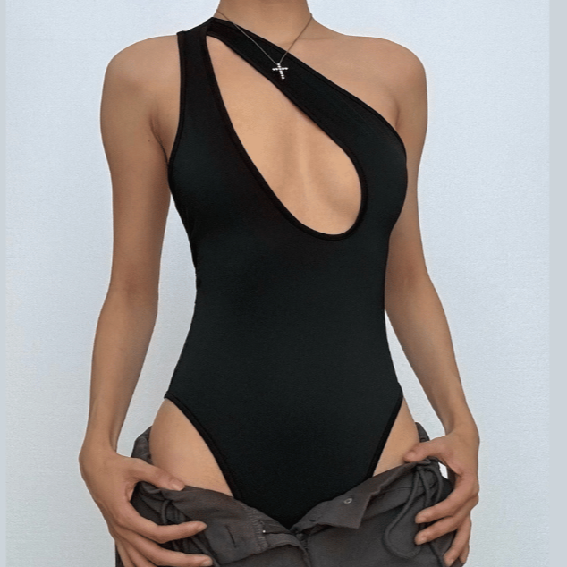 Solid One shoulder Hollow Out Bodysuit