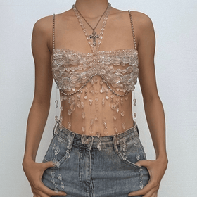 Halter metal chain beaded tassels cami top  | Festival Outfits Women