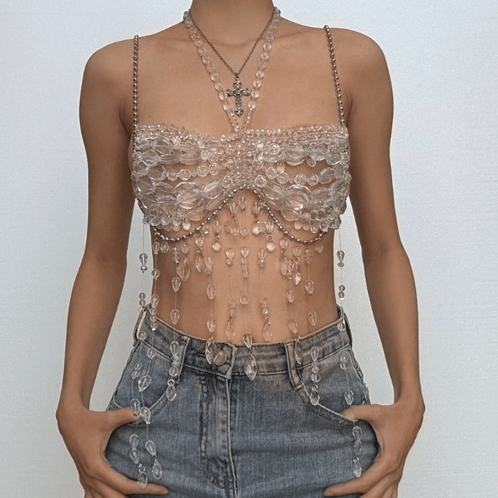 Halter metal chain beaded tassels cami top  | Festival Outfits Women