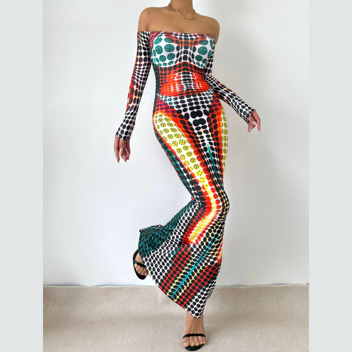 Polka dot thermal contrast off shoulder long sleeve backless maxi dress