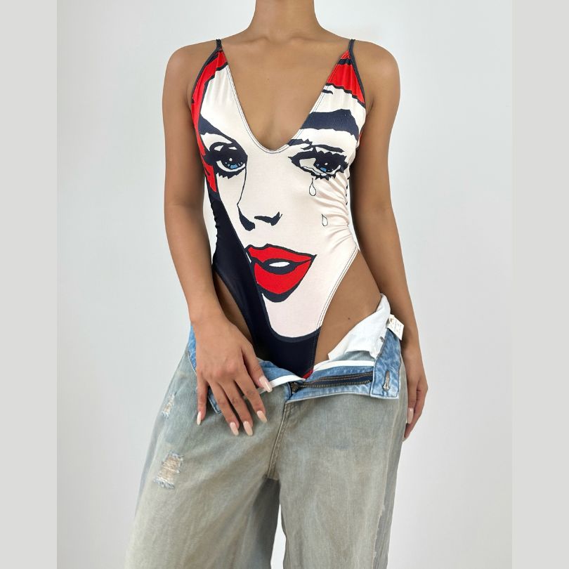 V neck portrait print button cami bodysuit  | Festival Outfits Women