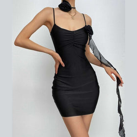 Flower applique solid backless v neck ribbon cami mini dress-final-sale  | Festival Outfits Women