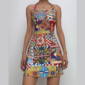 Halter print contrast knotted mini dress  | Festival Outfits Women