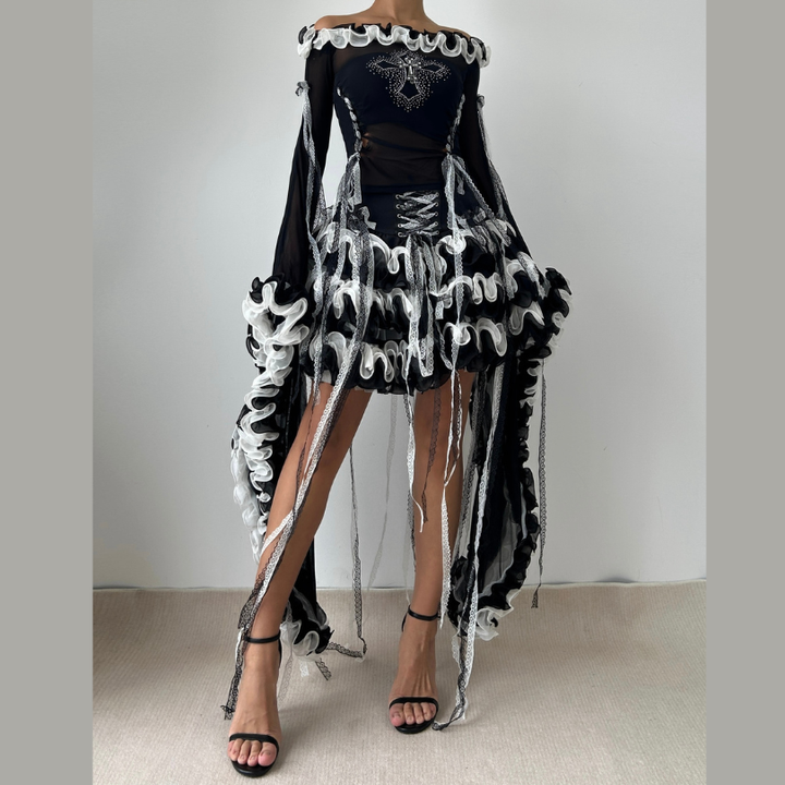 Ruffle hollow out long flared sleeve off shoulder cut out top  | Festival Outfits Women