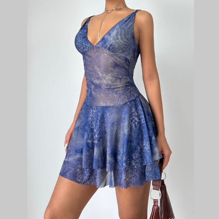 V neck print mesh cami mini dress  | Festival Outfits Women