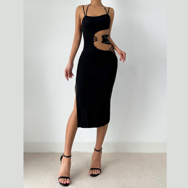 Irregular hollow out halter o ring cami slit cut out midi dress  | Festival Outfits Women