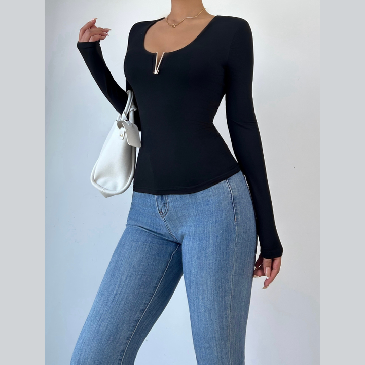 Long sleeve solid v neck top  | Festival Outfits Women-final-sale