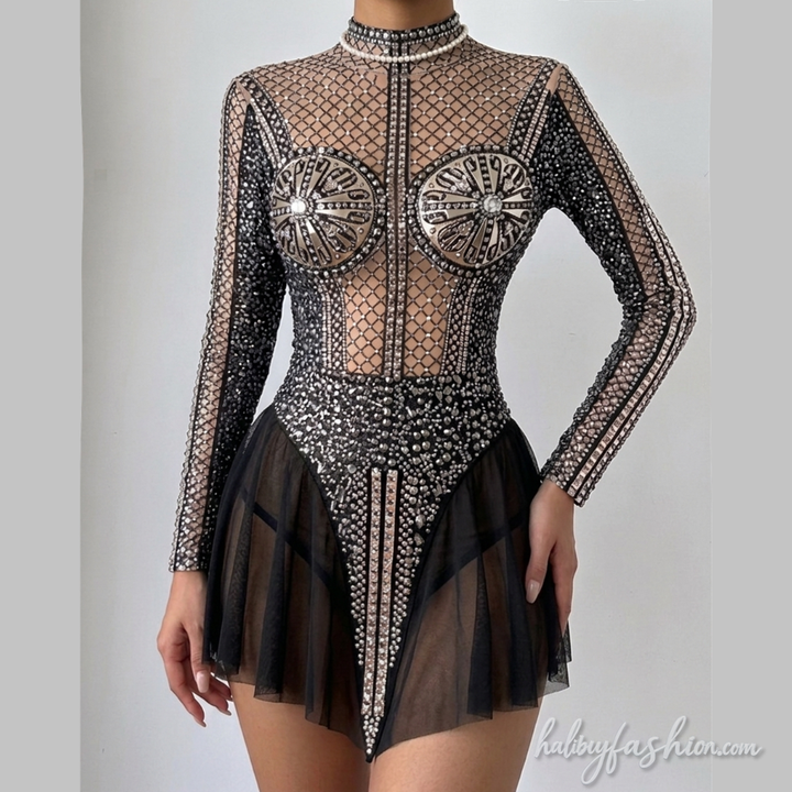 Long sleeve high neck mesh mini dress