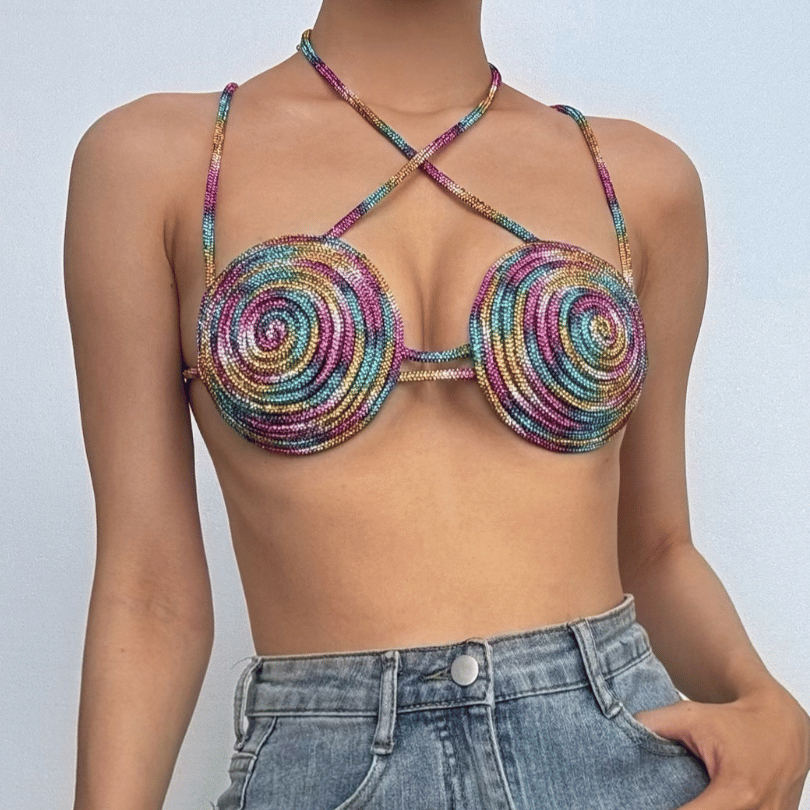 Halter beaded metal chain contrast bra top  | Festival Outfits Women