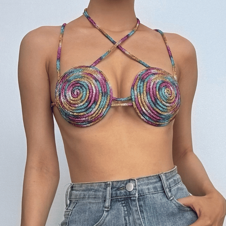 Halter beaded metal chain contrast bra top  | Festival Outfits Women