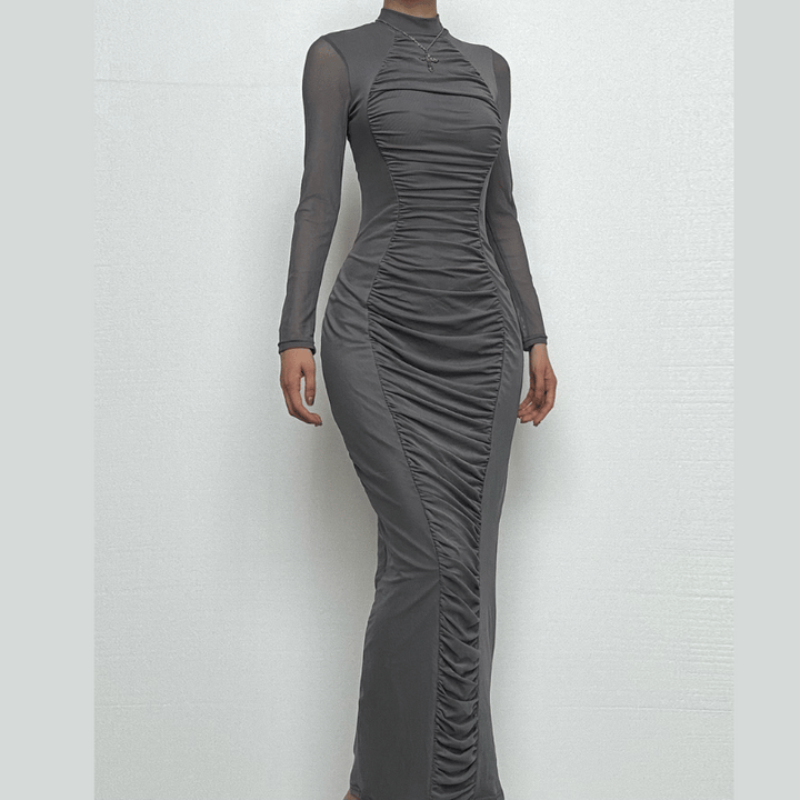 Long sleeve ruched mesh patchwork maxi dress  | Festival Outfits Women