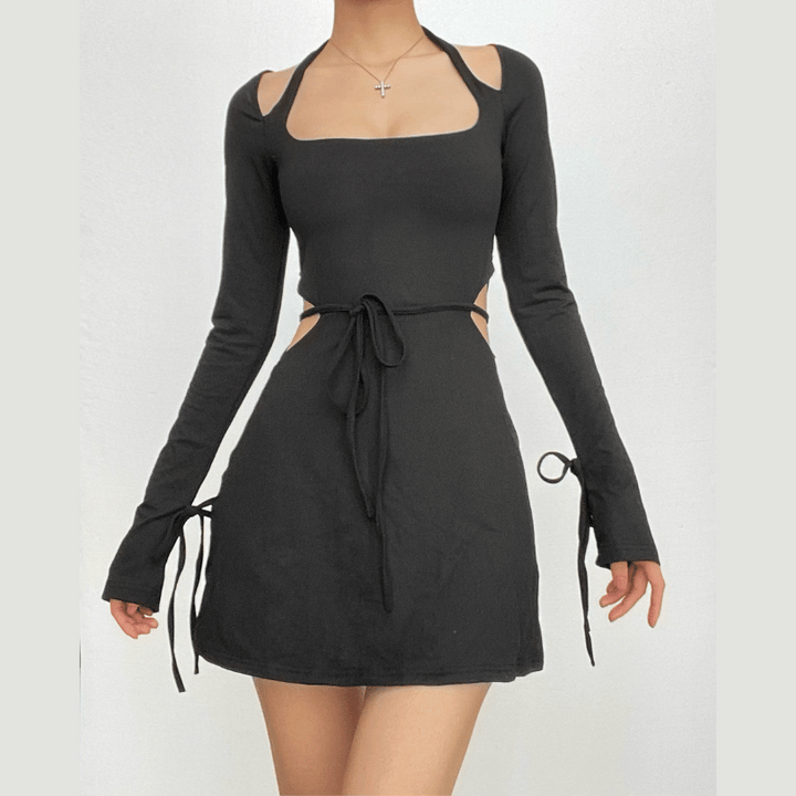 Long flared sleeve halter square neck hollow out cut out mini dress  | Festival Outfits Women