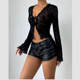 Long sleeve ruffle v neck print self tie top  | Festival Outfits Women