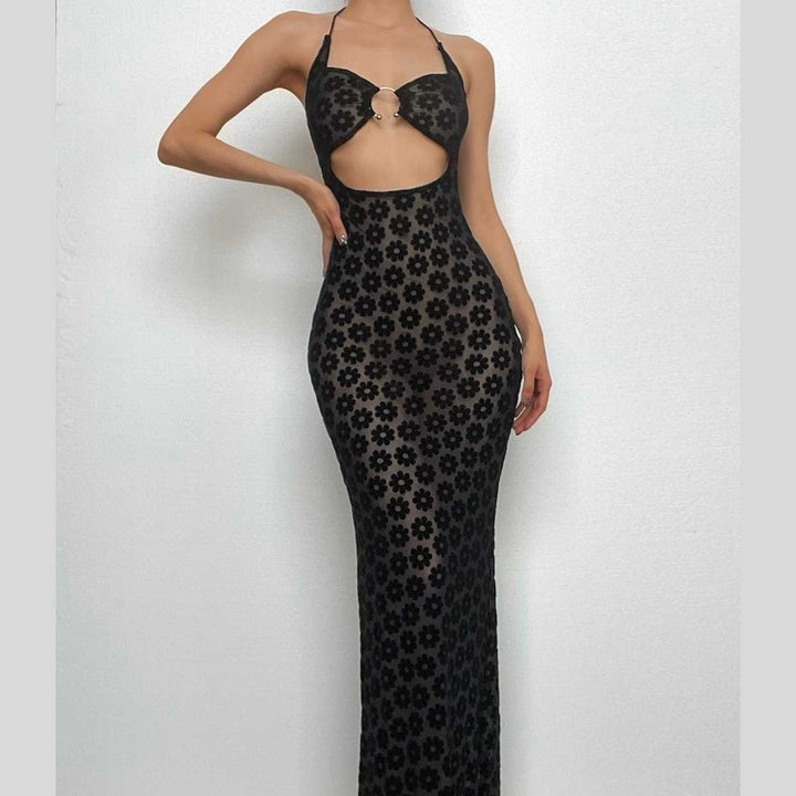 Mesh see through floral embroidery O ring hollow out halter cut out maxi dress