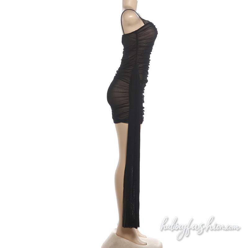 Irregular ruched lace hem spaghetti strap mini dress - Halibuy - 3