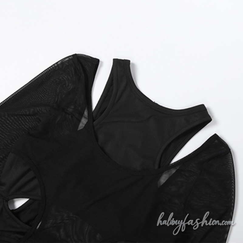 Long sleeve gloves hollow out mesh crewneck bodysuit