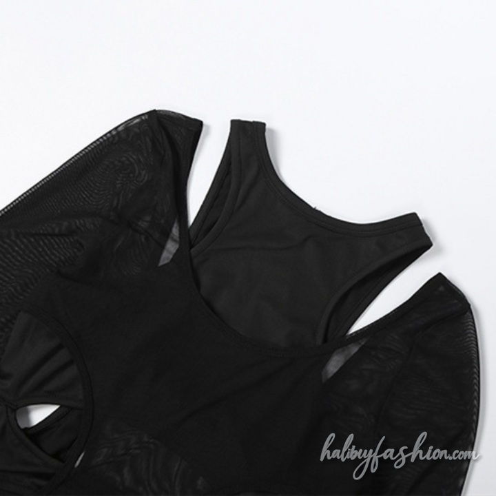Long sleeve gloves hollow out mesh crewneck bodysuit