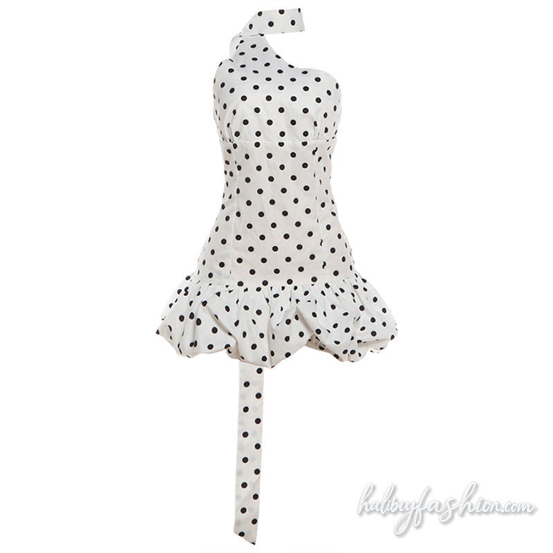 Polka dot halter irregular zip-up ruched mini dress