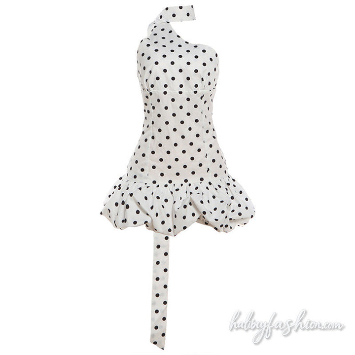 Polka dot halter irregular zip-up ruched mini dress