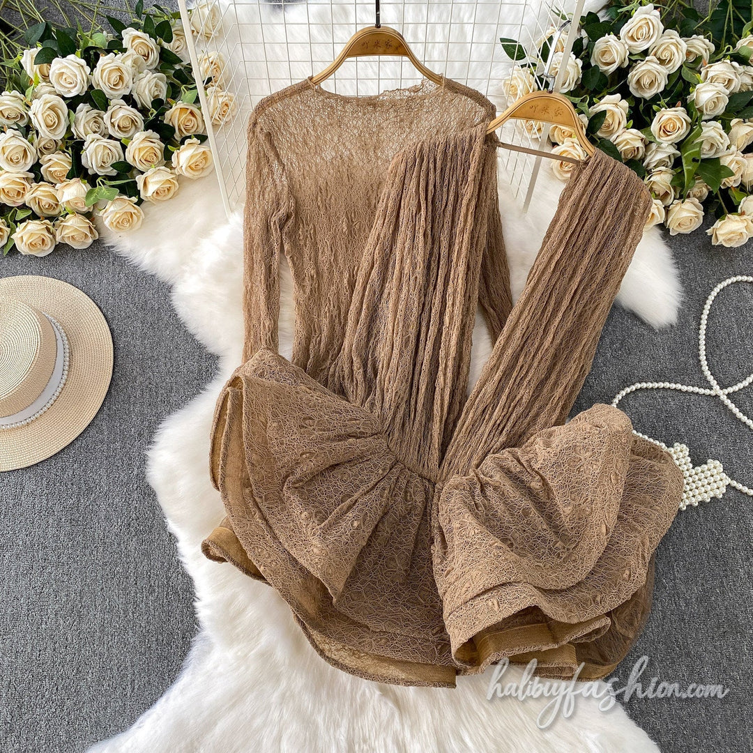 Long sleeve v neck ruffle 2 piece mini dress