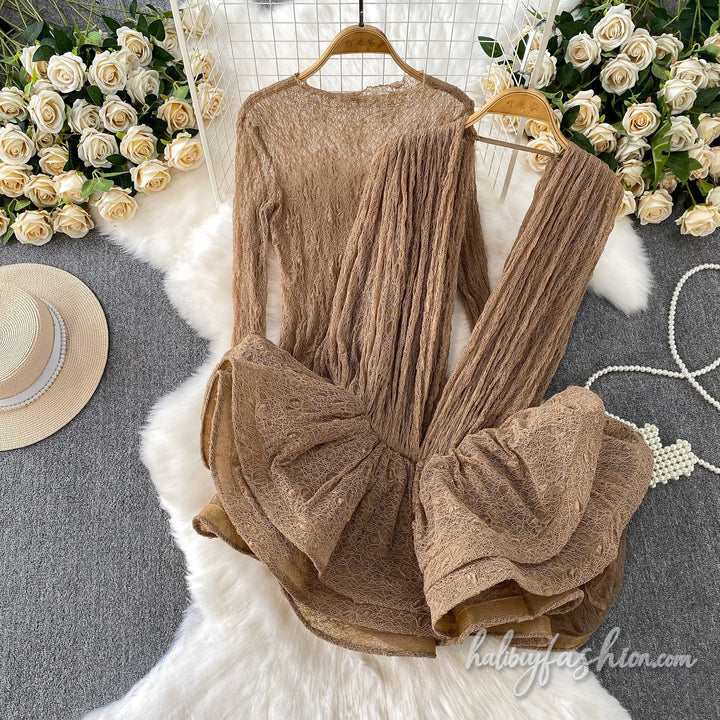 Long sleeve v neck ruffle 2 piece mini dress