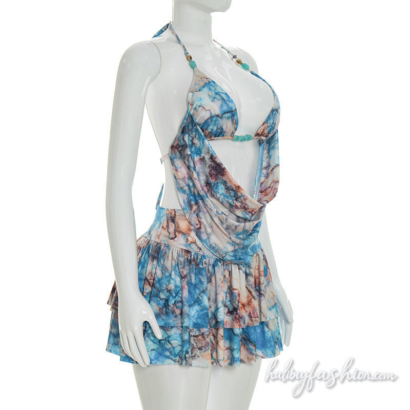 Halter self tie ruched print backless mini skirt set