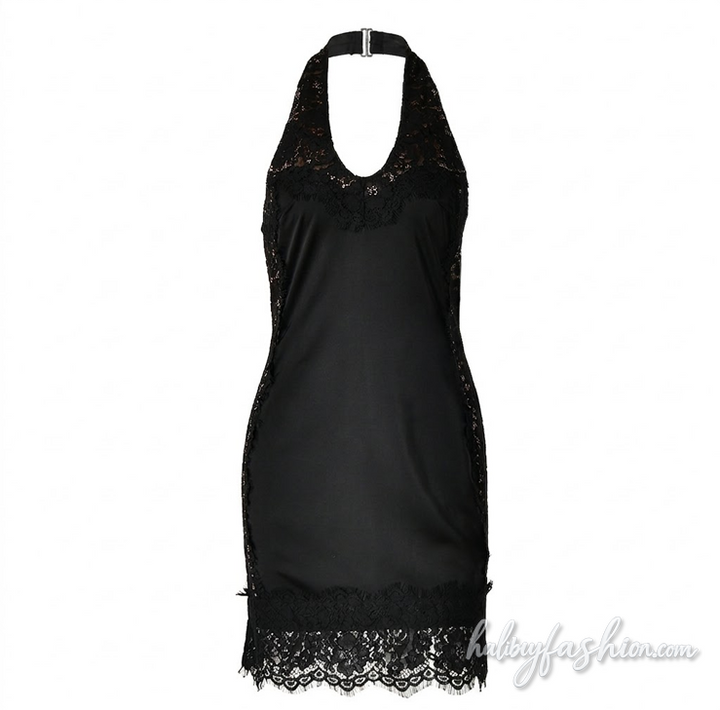 Lace hem halter u neck zip-up backless mini dress - Halibuy