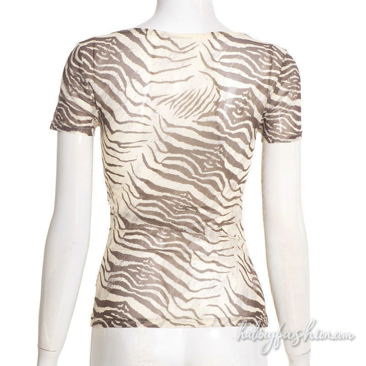 Short sleeve crewneck print sheer mesh top