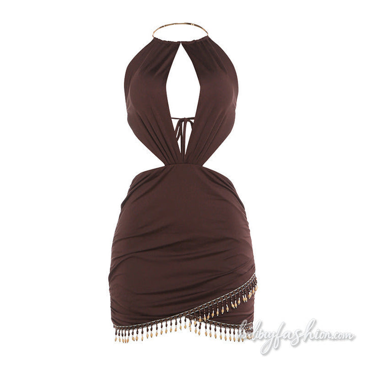 O ring halter ruched hollow out self tie mini dress