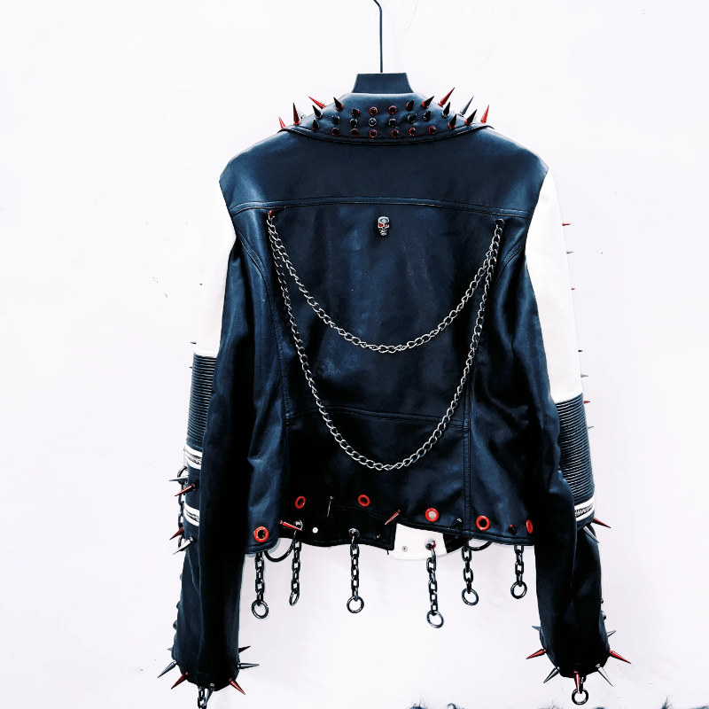 Long sleeve turnover collar rivet metal chain coat top  | Festival Outfits Women