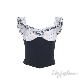 Polka dot ruffle corset contrast top